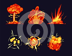 Explosion bursts, fire flame bangs and booms icons