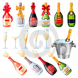 Explosion champagne bottles with bow ribbons and drinking glasses set. Vector illustration. Holiday alcohol set