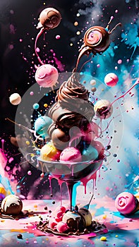 Explosion of chocolates ice cream and chocolate cake illustration with blue background and pink details photo