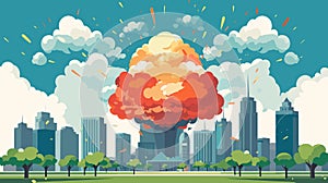 Explosion in city park, huge colorful cloud over buildings, clear day. Cataclysm concept, city emergency, urban disaster