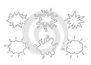 Explosion of cloud, splash blot, sketch line set. Hand drawn element burst, speech bubble. Collection outline doodle