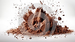 Explosion of cocoa powder with lumps isolated on white background. Generative Ai
