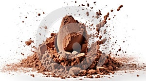 Explosion of cocoa powder with lumps isolated on white background. Generative Ai