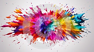 Explosion of colored powder on bright white background close up. Neural network ai generated