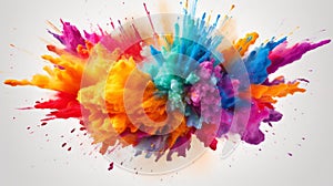 Explosion of colored powder on bright white background close up. Neural network ai generated