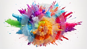 Explosion of colored powder on bright white background close up. Neural network ai generated