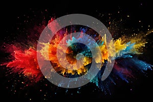 Explosion of colored powder, isolated on black background. Abstract colored background, color dust splash on a dark black