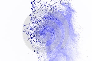 Explosion of colored powder on white background. Blue dust explode on isolate background. Paint Holi. Colorful cloud splash.