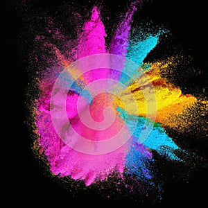 Explosion of colorful powder isolated on dark black background. Holi paint color dust explode in freeze motion. Generative AI