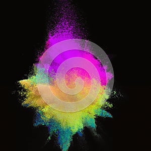 Explosion of colorful powder isolated on dark black background. Holi paint color dust explode in freeze motion. Generative AI