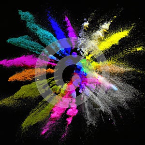 Explosion of colorful powder isolated on dark black background. Holi paint color dust explode in freeze motion. Generative AI