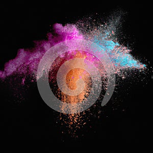 Explosion of colorful powder isolated on dark black background. Holi paint color dust explode in freeze motion. Generative AI