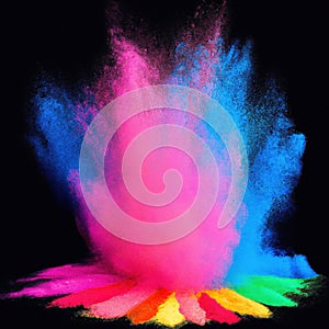 Explosion of colorful powder isolated on dark black background. Holi paint color dust explode in freeze motion. Generative AI