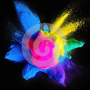 Explosion of colorful powder isolated on dark black background. Holi paint color dust explode in freeze motion. Generative AI