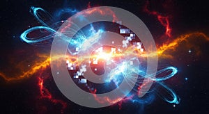 Explosion of cosmic energy plasma and light trails abstract digital art white background