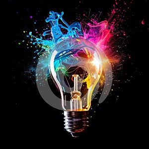 Explosion of Creativity, Color Light Bulb Explodes with Colorful Electric Light, New Idea, Brainstorming