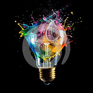 Explosion of Creativity, Color Light Bulb Explodes with Colorful Electric Light, New Idea, Brainstorming