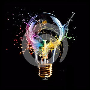 Explosion of Creativity, Color Light Bulb Explodes with Colorful Electric Light, New Idea, Brainstorming