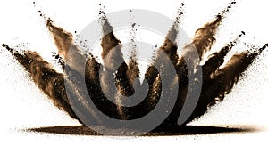 Explosion of dark brown powder or soil creating a dynamic burst isolated on white background