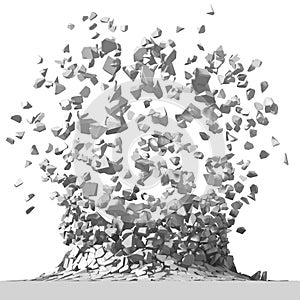 Explosion destruction with many chaotic fragments. Abstract destruction background