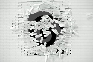 Explosion, destruction of a white brick wall, abstract background for Template for a content. 3d illustration.