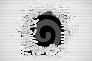 Explosion, destruction of a white brick wall, abstract background for Template for a content. 3d illustration.