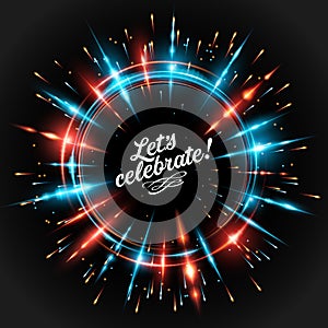 Explosion of festive fireworks on a dark background. Vector background.