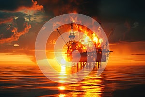 Explosion of fire on offshore petroleum platform at ocean following an oil rig fire accident