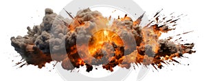 Explosion with fire, smoke and debris projectiles isolated