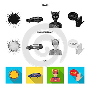 Explosion, fire, smoke and other web icon in black, flat, monochrome style.Superman, superforce, cry, icons in set