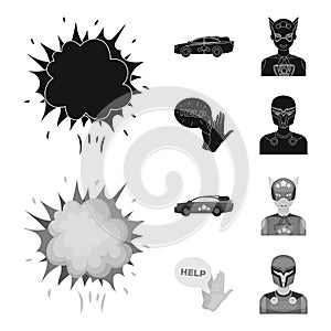 Explosion, fire, smoke and other web icon in black,monochrome style.Superman, superforce, cry, icons in set collection.