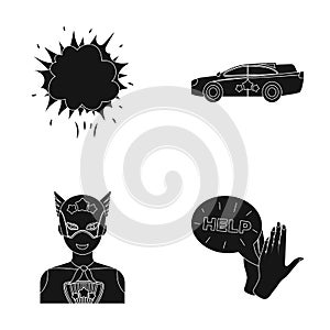 Explosion, fire, smoke and other web icon in black style.Superman, superforce, cry, icons in set collection.
