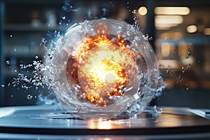 Explosion of fire and water contained in a glass sphere in a modern lab setting