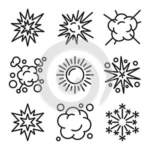 Explosion, Fireworks and Boom Icons Set on White Background. Line Style Vector