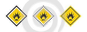 Explosion flash warning signs. Caution warning sign explosives liquids or materials. Explosives substances icons set. Vector icons