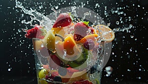An explosion of fruits around in the air, fruit splash onto a glass.