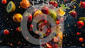 An explosion of fruits around in the air, fruit splash onto a glass.