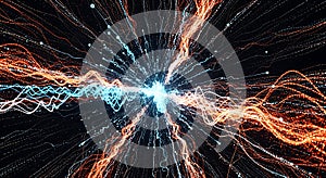 Explosion of glowing abstract particles in blue and orange emanating from a bright center point
