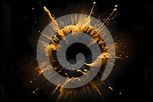 Explosion of gold golden yellow powder on black background. Burst splash inks in elegance glamour style. Generative AI