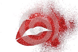 Explosion high intense red pigment glitter shiny glossy lip woman fading on white background