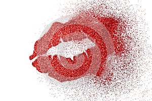 Explosion high intense red pigment glitter shiny glossy lip woman fading on white background