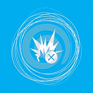 Explosion icon on a blue background with abstract circles around and place for your text.