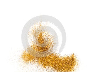 Explosion metallic gold glitter sparkle bokeh isolated white background decoration. Golden Glitter powder spark blink celebrate,