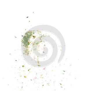 Explosion metallic gold green glitter sparkle bokeh isolated white background decoration. Golden Glitter powder spark blink