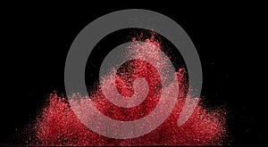 Explosion metallic red glitter sparkle. rose Glitter powder spark blink celebrate, blur foil explode in air, fly throw red