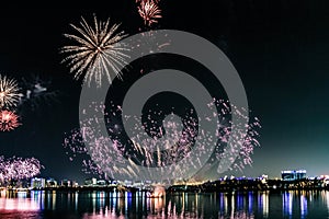 Explosion of multi-colored fireworks in Dubai against the night sky on a new year celebrations holidays