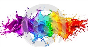 Explosion of multicolored paint splashes. Dynamic rainbow colored liquid motion against white background. Slow motion