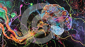 An explosion of neon colors and cosmic patterns depicts an abstract representation of neural pathways and brain activity