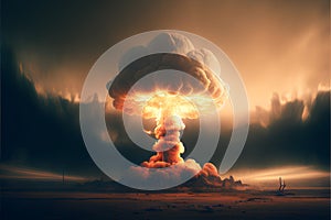 Explosion of nuclear bomb with smoke in the sky. 3d illustration