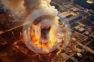 Explosion Nuclear power plant man-made disaster, environmental pollution. Nuclear reactor waste. AI generated.